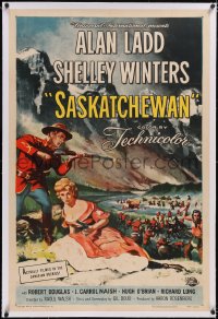 4x0664 SASKATCHEWAN linen 1sh 1954 great art of Mountie Alan Ladd & sexy Shelley Winters in Canada!