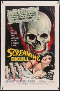 4x0670 SCREAMING SKULL linen 1sh 1958 great art of huge skull & sexy girl grabbed by skeleton hand!