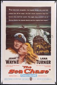 4x0671 SEA CHASE linen 1sh 1955 sexy Lana Turner is the fuse of John Wayne's floating time bomb!