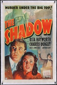 4x0678 SHADOW linen 1sh 1937 art of young Rita Hayworth, Quigley & murderer over title, ultra rare!