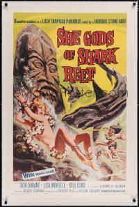 4x0683 SHE GODS OF SHARK REEF linen 1sh 1958 Roger Corman, uncensored art of sexy swimmer & sharks!
