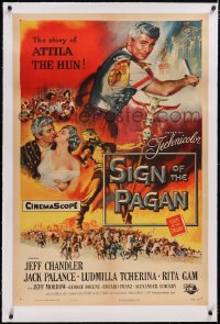 4x0691 SIGN OF THE PAGAN linen 1sh 1954 art of Jack Palance as Attila the Hun, Jeff Chandler, rare!
