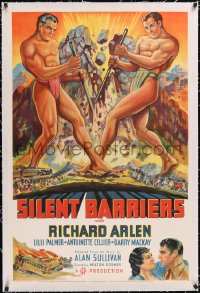4x0693 SILENT BARRIERS linen style B 1sh 1937 Kulz art of two beefcake giants tearing apart mountain!