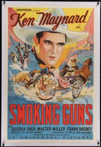 4x0705 SMOKING GUNS linen 1sh 1934 stone litho of Ken Maynard saving Gloria Shea from bad guys, rare!