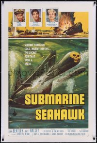 4x0747 SUBMARINE SEAHAWK linen 1sh 1959 cool art of skull head torpedo in World War II, AIP!