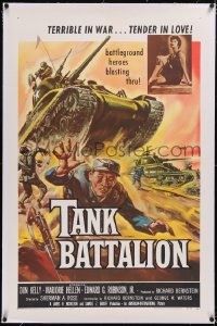 4x0763 TANK BATTALION linen 1sh 1958 cool artwork of Korean War battleground heroes blasting thru!