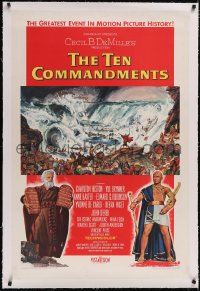 4x0772 TEN COMMANDMENTS linen 1sh 1956 DeMille classic, art of Charlton Heston, Yul Brynner & flood!