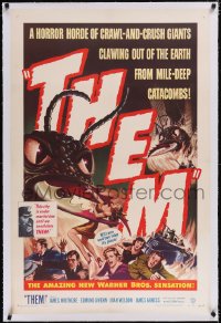 4x0780 THEM linen 1sh 1954 classic sci-fi, cool art of horror horde of giant bugs terrorizing people!