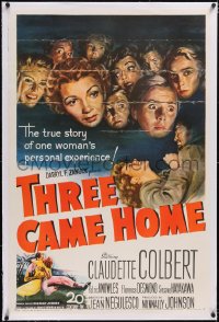 4x0789 THREE CAME HOME linen 1sh 1949 art of Claudette Colbert & women alone in WWII prison camp!