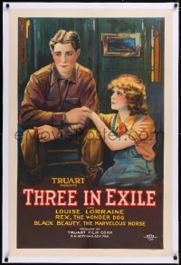 4x0790 THREE IN EXILE linen style B 1sh 1925 great art of Louise Lorraine & Art Acord, ultra rare!
