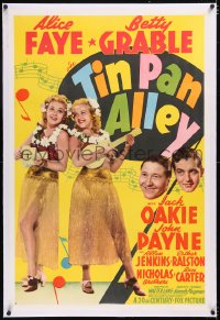 4x0796 TIN PAN ALLEY linen 1sh 1940 Alice Faye & Betty Grable w/grass skirts, leis & ukuleles, rare!