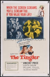 4x0798 TINGLER linen 1sh 1959 Vincent Price, William Castle, terrified audience, presented in Percepto