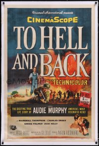 4x0802 TO HELL & BACK linen 1sh 1955 Audie Murphy's life story as soldier in World War II, Brown art!