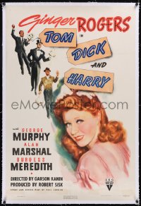 4x0807 TOM, DICK & HARRY linen 1sh 1941 c/u art of pretty Ginger Rogers, Murphy, Marshal & Meredith!