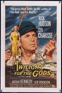 4x0818 TWILIGHT FOR THE GODS linen 1sh 1958 great artwork of Rock Hudson & sexy Cyd Charisse!