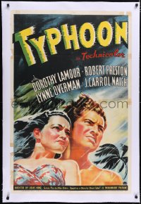 4x0823 TYPHOON linen 1sh 1940 great art of sexy Dorothy Lamour & Robert Preston in tropical storm!
