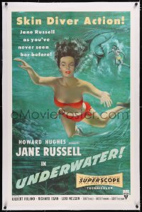 4x0826 UNDERWATER linen 1sh 1955 Howard Hughes, art of sexiest skin diver Jane Russell by shark!