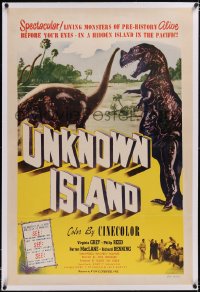 4x0829 UNKNOWN ISLAND linen 1sh 1948 different color design & images of prehistoric dinosaurs!
