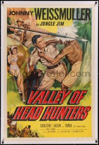 4x0830 VALLEY OF HEAD HUNTERS linen 1sh 1953 art of Johnny Weismuller as Jungle Jim fighting natives!