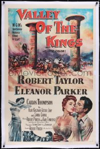 4x0831 VALLEY OF THE KINGS linen 1sh 1954 cool art of Robert Taylor & Eleanor Parker in Egypt!