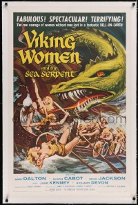 4x0835 VIKING WOMEN & THE SEA SERPENT linen 1sh 1958 art of sexy female warriors attacked on ship!