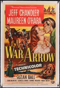 4x0845 WAR ARROW linen 1sh 1954 George Sherman, Maureen O'Hara & Jeff Chandler fight Native Americans!