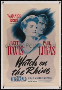 4x0846 WATCH ON THE RHINE linen 1sh 1943 Bette Davis & Lukas, by Dashiell Hammett & Lillian Hellman!