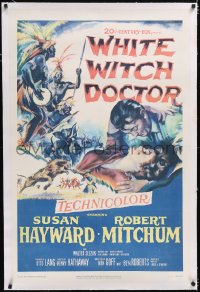 4x0855 WHITE WITCH DOCTOR linen 1sh 1953 art of Susan Hayward & Robert Mitchum in African jungle!