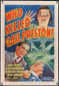 4x0856 WHO KILLED GAIL PRESTON linen 1sh 1938 art of Rita Hayworth & hands reaching for gun, rare!