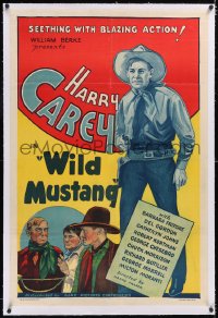 4x0861 WILD MUSTANG linen 1sh 1935 cowboy Harry Carey is seething with blazing action, ultra rare!