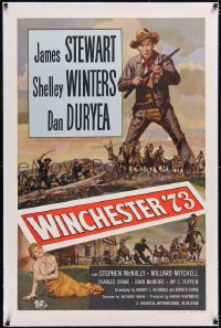 4x0865 WINCHESTER '73 linen 1sh R1958 art of James Stewart with rifle standing over Shelley Winters!