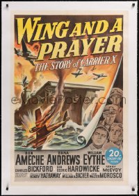 4x0866 WING & A PRAYER linen 1sh 1944 Don Ameche, Dana Andrews, cool WWII naval battle art, rare!
