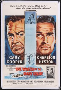 4x0876 WRECK OF THE MARY DEARE linen 1sh 1959 portrait artwork of Gary Cooper & Charlton Heston!
