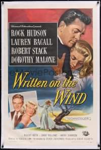 4x0877 WRITTEN ON THE WIND linen 1sh 1956 Brown art of Lauren Bacall, Rock Hudson & Robert Stack!