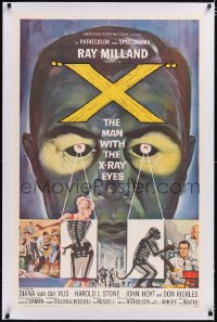 4x0879 X: THE MAN WITH THE X-RAY EYES linen 1sh 1963 Ray Milland strips souls & bodies, cool art!