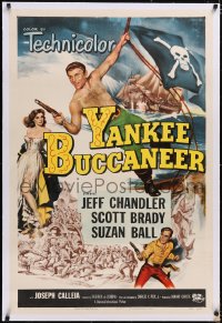 4x0880 YANKEE BUCCANEER linen 1sh 1952 cool art of barechested pirate Jeff Chandler on rope w/ gun!