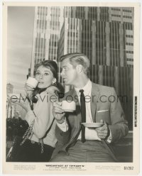 4y1149 BREAKFAST AT TIFFANY'S 8x10.25 still 1961 Audrey Hepburn & Peppard w/coffee in New York City!
