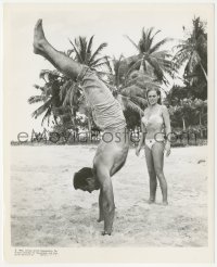 4y1168 DR. NO candid 8x10 still 1963 Ursula Andress in bikini by Connery doing handstand on beach!