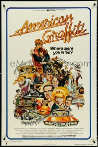4y0693 AMERICAN GRAFFITI 1sh 1973 George Lucas teen classic, Mort Drucker montage art of cast!