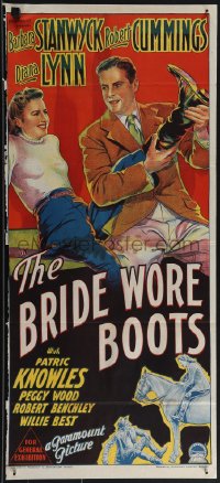 4y0364 BRIDE WORE BOOTS Aust daybill 1946 Cummings takes off Stanwyck's boot by Richardson Studio!