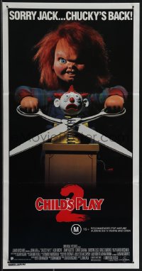 4y0370 CHILD'S PLAY 2 Aust daybill 1990 great image of Chucky cutting jack-in-the-box with scissors!