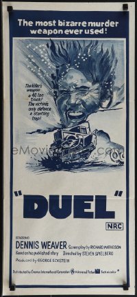 4y0377 DUEL Aust daybill 1973 Steven Spielberg, the most bizarre murder weapon ever used!