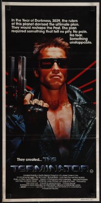 4y0428 TERMINATOR Aust daybill 1984 super close up of classic cyborg Arnold Schwarzenegger w/gun!