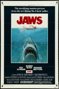 4y0178 JAWS 1sh 1975 art of Spielberg's classic man-eating shark attacking naked swimmer!