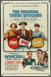 4y1065 STOP LOOK & LAUGH 1sh 1960 Three Stooges, Larry, Moe & Curly + chimpanzees & dummy!