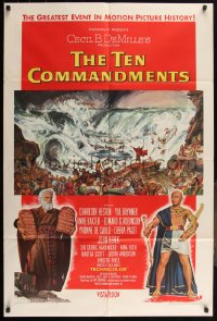 4y1079 TEN COMMANDMENTS 1sh 1956 DeMille classic, art of Charlton Heston & Yul Brynner!