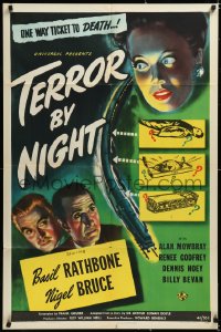 4y0193 TERROR BY NIGHT 1sh 1946 Basil Rathbone is Sherlock Holmes, Nigel Bruce as Watson, cool art!