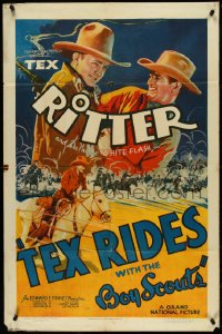 4y1081 TEX RIDES WITH THE BOY SCOUTS 1sh 1937 cool art of Tex Ritter & his horse White Flash!