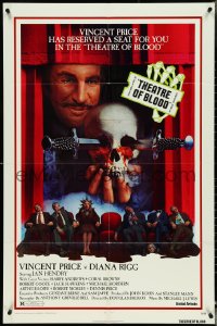 4y1083 THEATRE OF BLOOD 1sh 1973 great art of Vincent Price holding bloody skull w/dead audience!