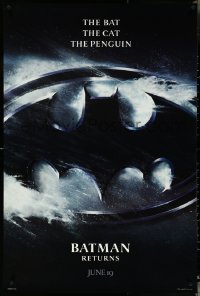 4z0897 BATMAN RETURNS teaser 1sh 1992 Burton, Keaton, The Bat, The Cat, The Penguin, logo design!